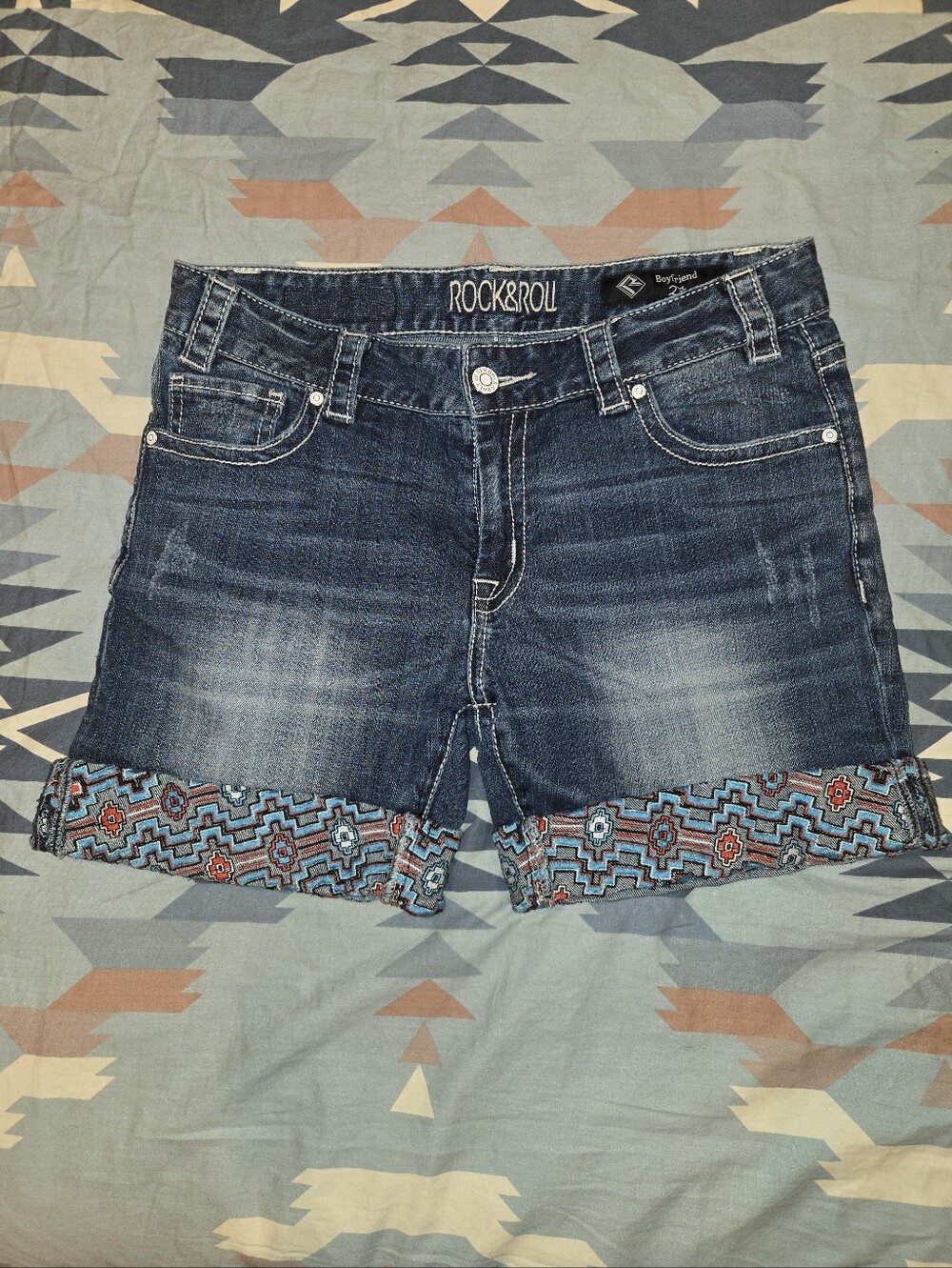 Rock & Roll Denim Embroidered Cuff Women's Shorts - Dark Blue Size: 27